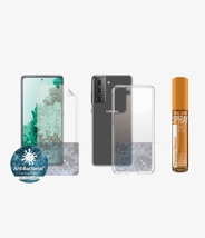 Bundle P.P Samsung Galaxy S21 Hygiene Pack TPU  con huella + 30 ml Spray + funda Trans
